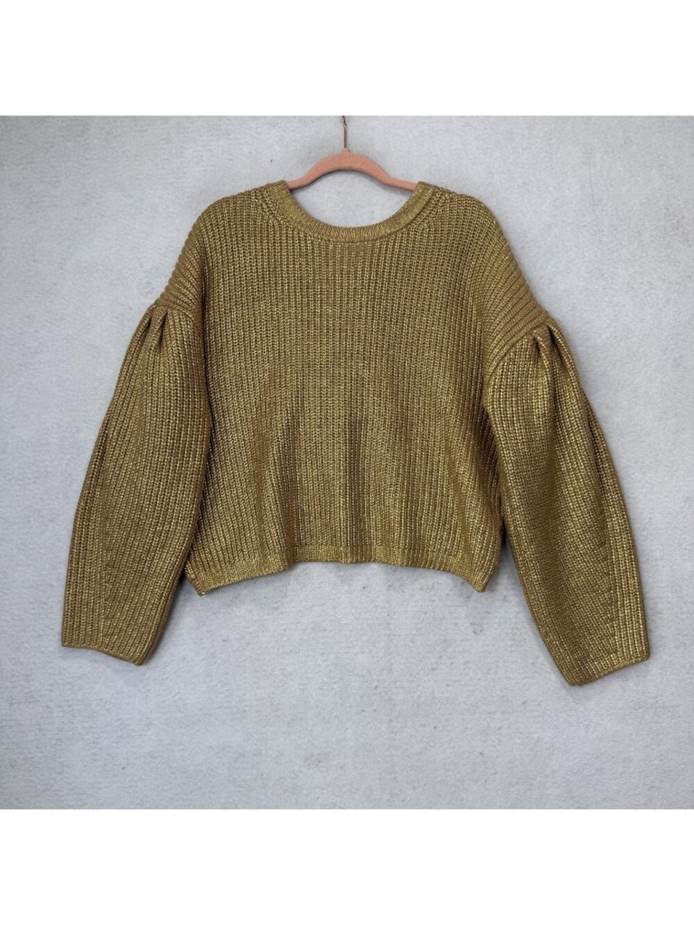 Kika Vargas Cardigan Sweater Womens Medium Gold Metallic Puff Sleeve Bow Back
